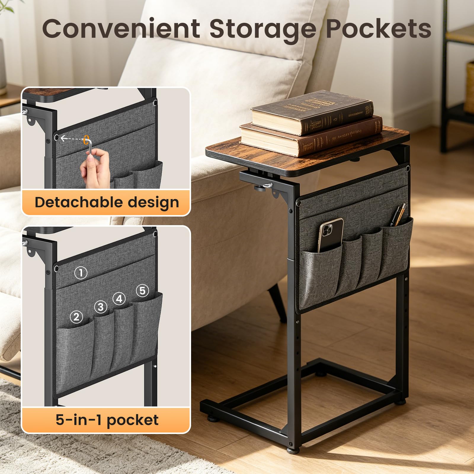 ELYKEN Table d'Appoint Bout de Canapé Plateau Inclinable à 90° Lot de 1