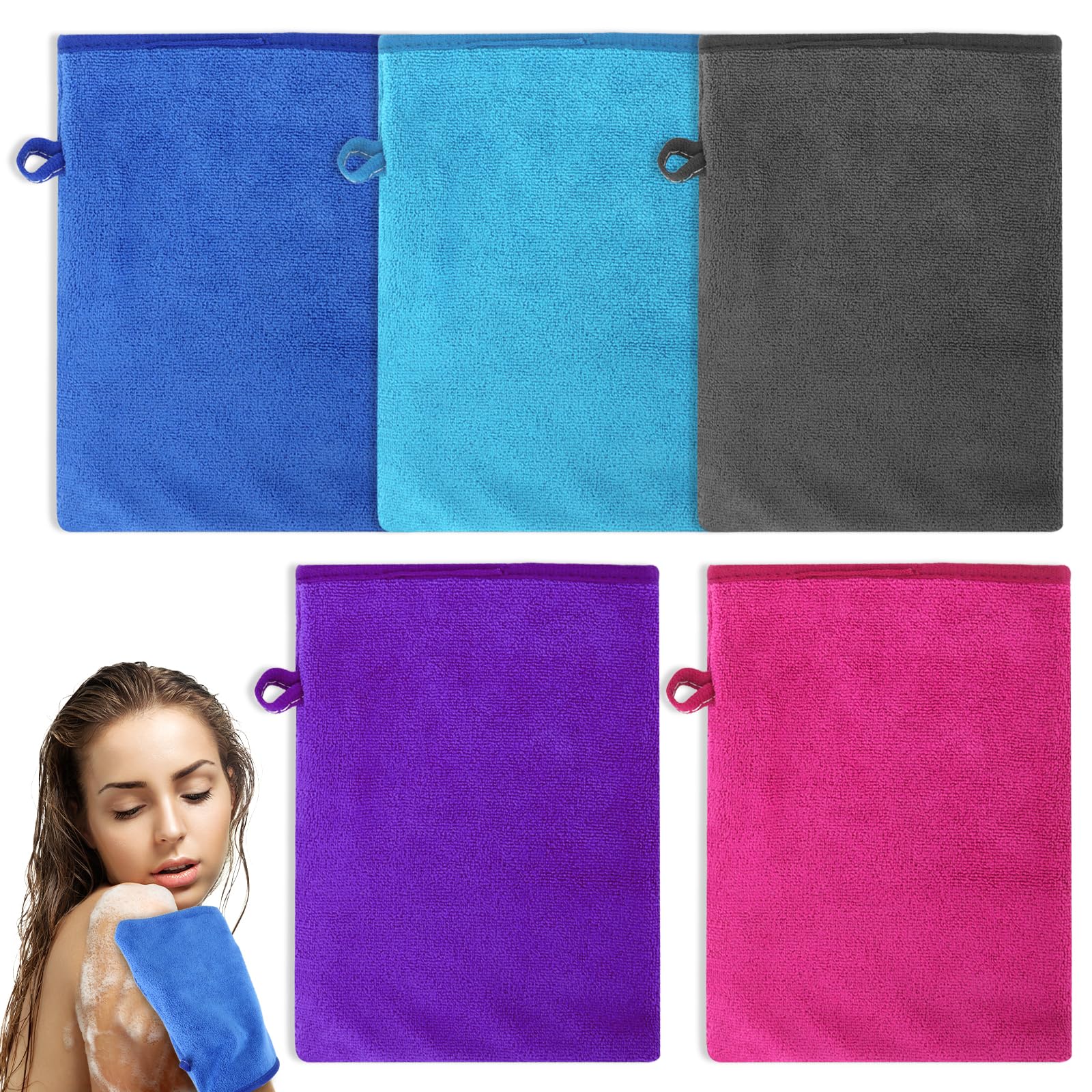 5 Piezas Guantes de Baño de 14 x 20 cm, Manoplas de Baño Guantes para Lavarse de Microfibra Coral, Fuerte Absorción de Agua, Microfibra Premium para Limpieza Facial (5 Colores)