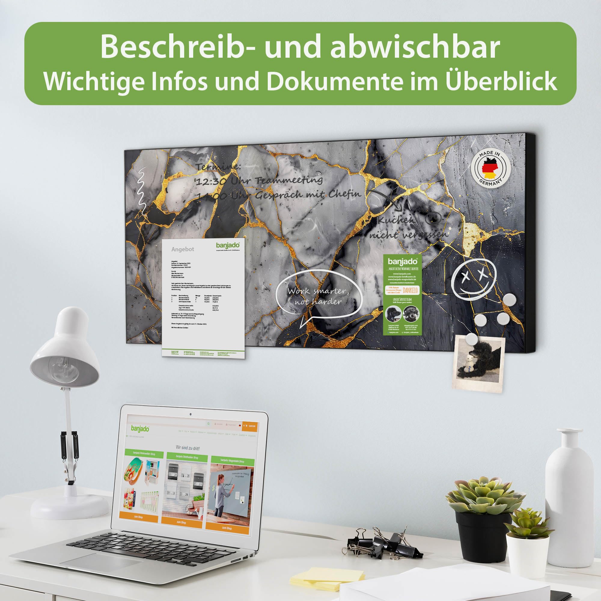 banjado Magnettafel Metall 78 x 37cm - beschreibbare Magnettafel - Metall Pinnwand als Memoboard - Magnetwand Küche, Büro, Kinderzimmer Schwarz inkl. 4 Magnete & Montageset - Motiv Schwarzer Marmor mi