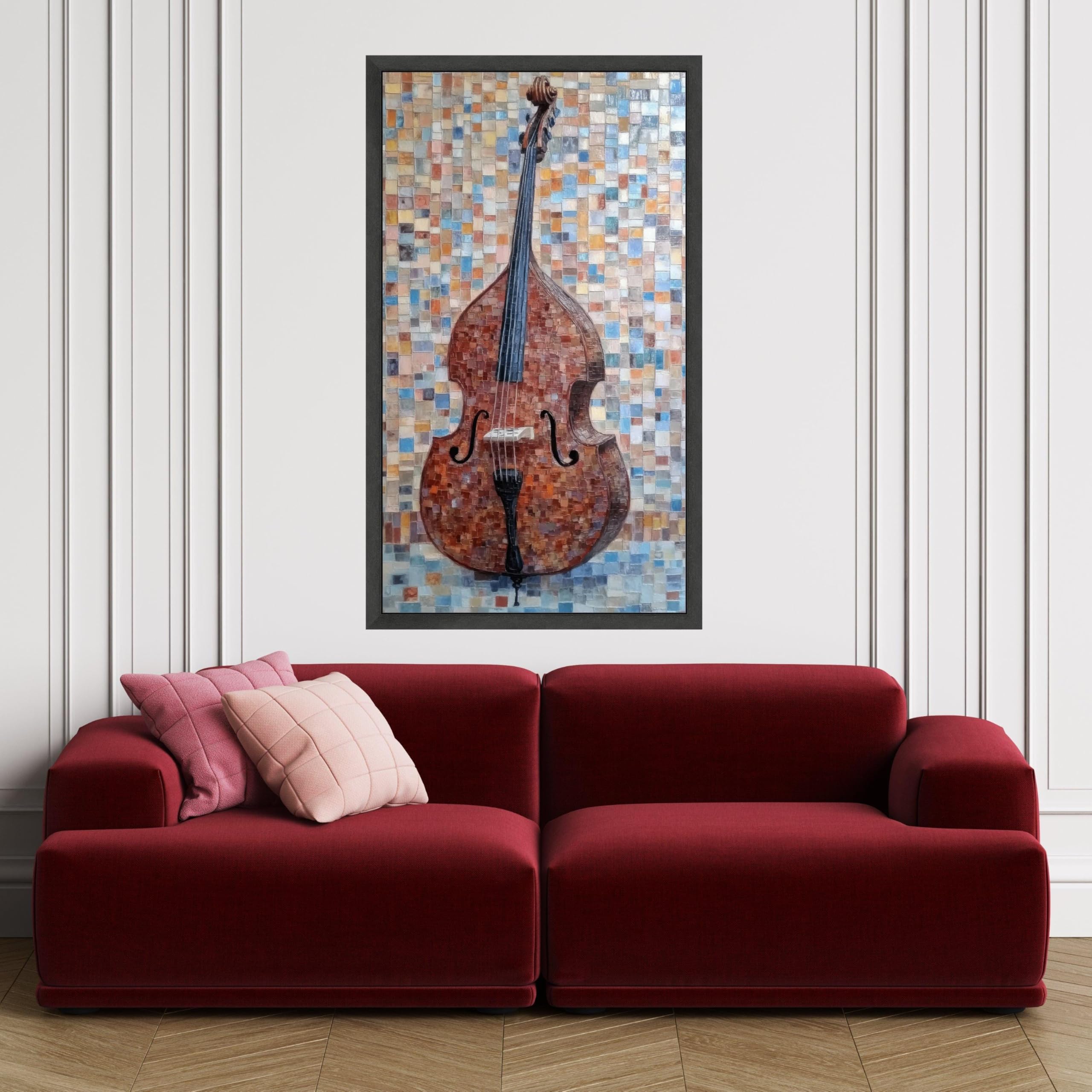 LMYCHENG Vintage kontrabas mozaika płótno instrument muzyczny dekoracja muzyczna dekoracja domu brązowy niebieski plakat gotowy do powieszenia (70 x 130 cm/bez ramki)