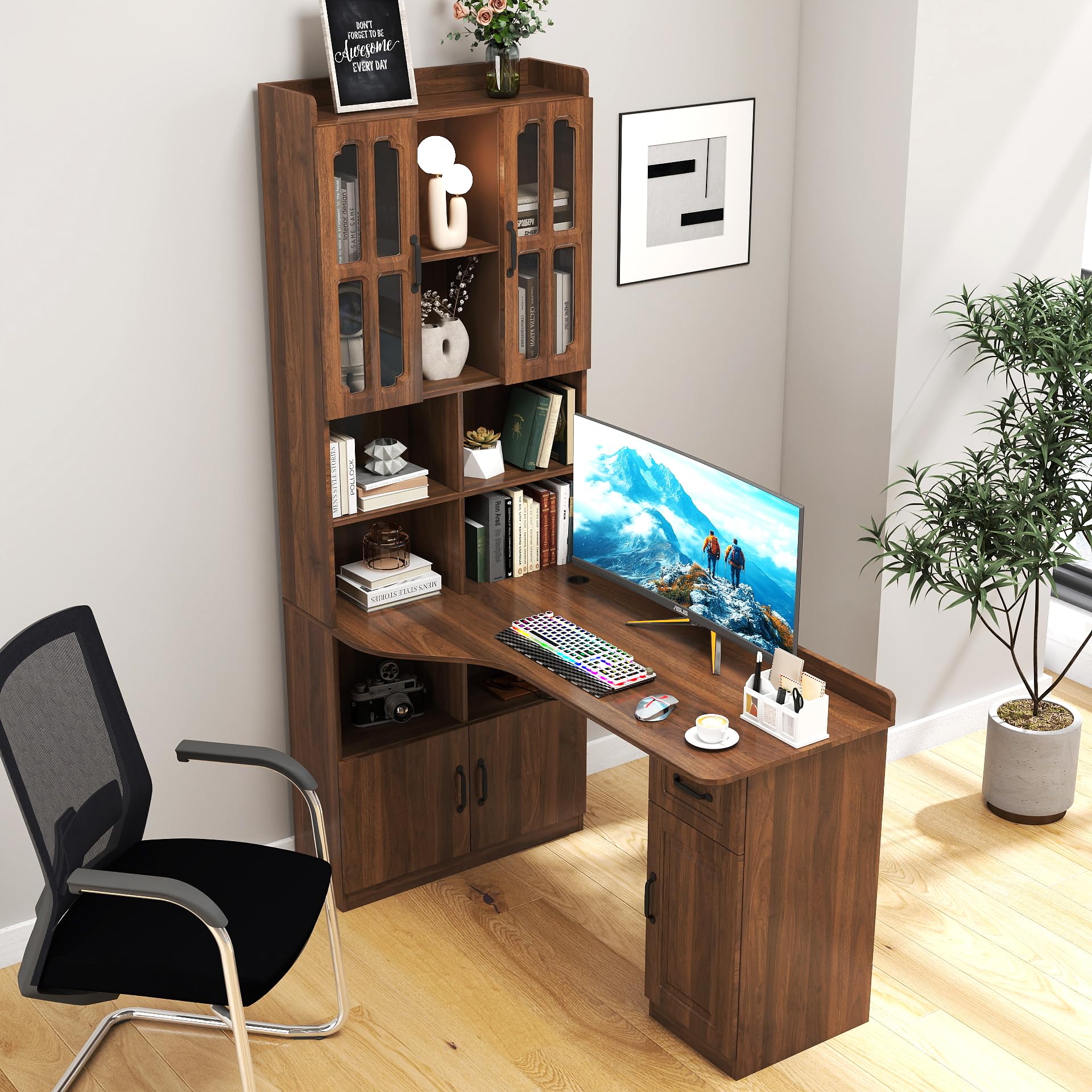 Runboll Modern L-Shaped Desk with Hutch & Bookshelf, Corner Home Office Desk with Drawers, 2-in-1 Design for Study, Executive Desk with Large Work