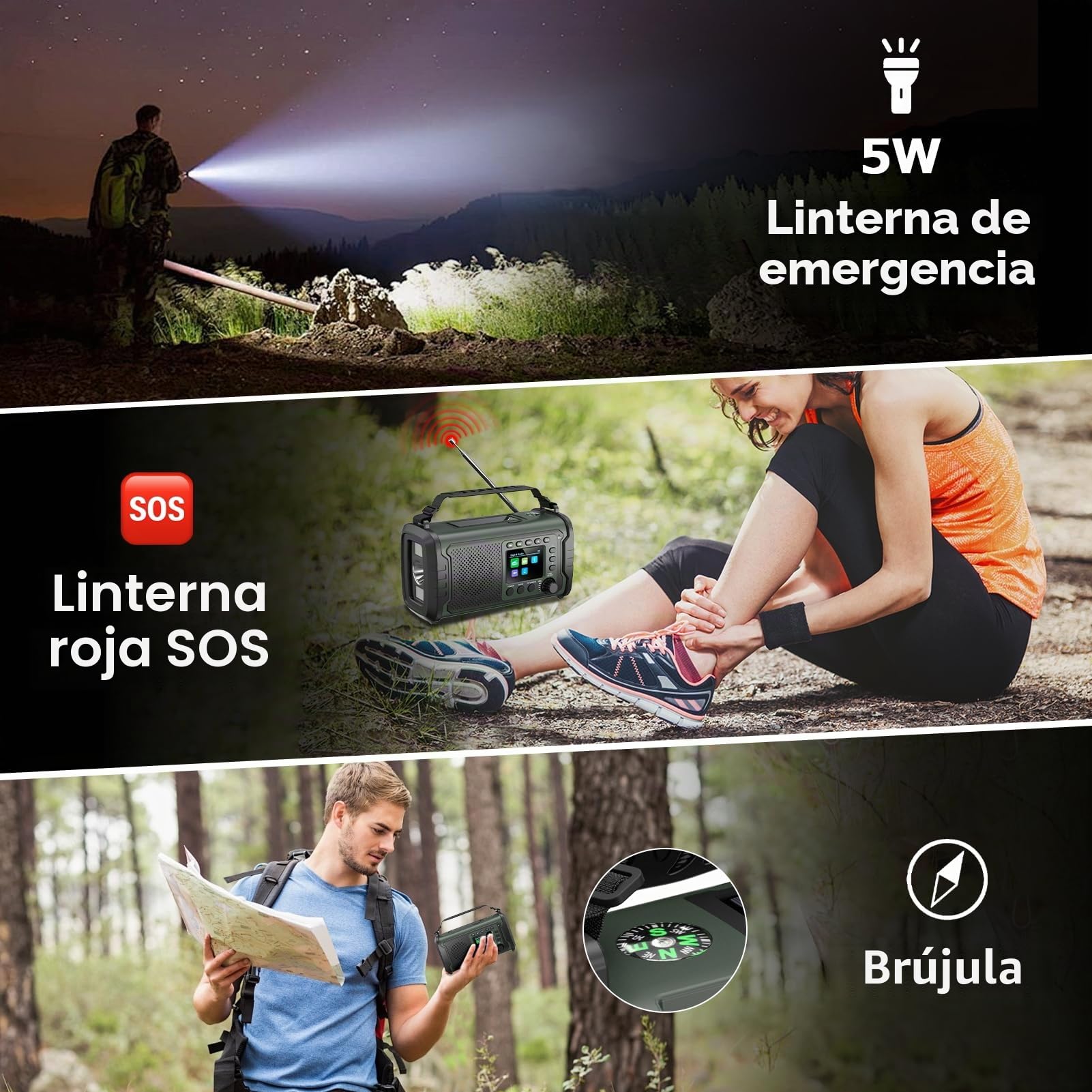 Radio de Emergencia Dab/Dab+ 27000 mAh con Manivela, Solar y Bluetooth 5.3 | Power bank, carga USB, SOS, linterna, luz lectura y brújula, para apagones, camping, autocaravana, Verde Militar