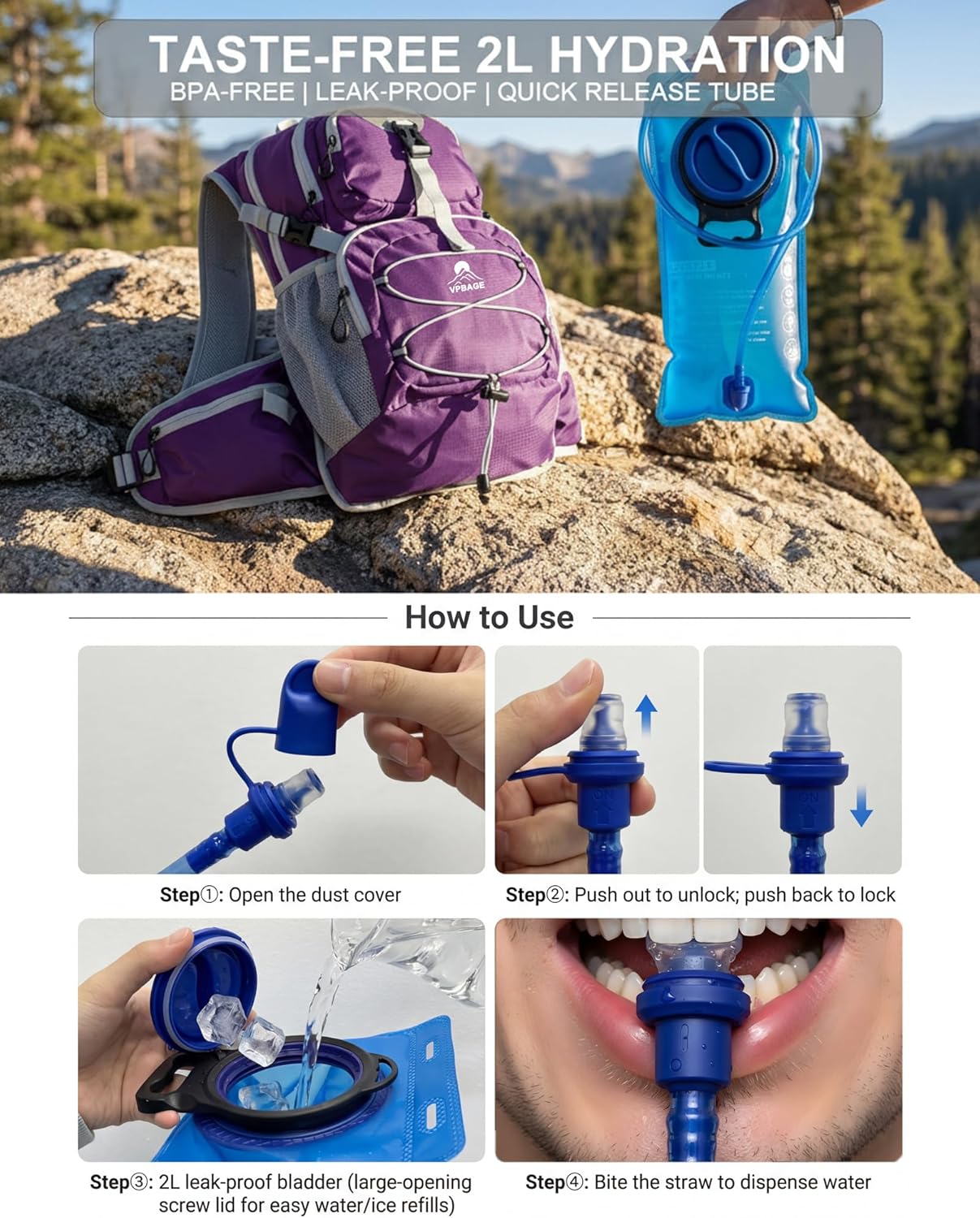VPBAGE Hydration Backpack with 2L Bladder – Thermal Insulated Water Pack for Hiking, Skiing, Running – Lightweight Daypack for Men & Women, Soft-Lined Sunglasses Pocket & Large Waist Pockets