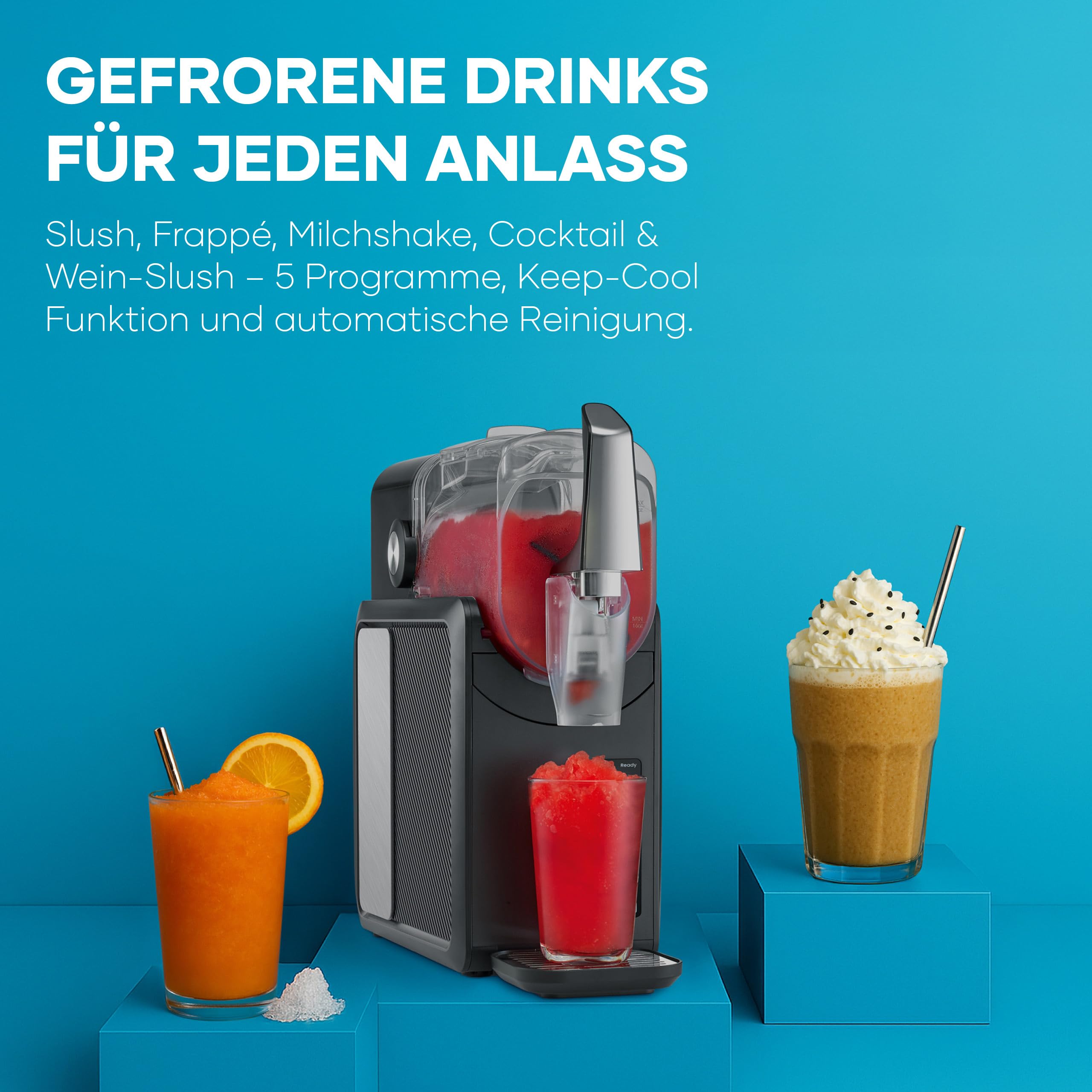 Severin Slush-Eis-Maschine für zu Hause, Eis-Cocktails, Frappé, Milchshakes, 15 min Technologie, Ice-Maker, 5 Programme, ohne Eis, automatische Reinigung, 2L, S-Slush, schwarz, silber, EZ 7410