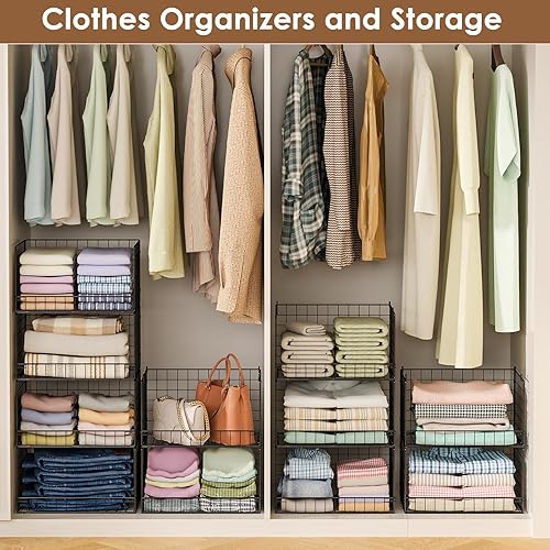 Miniatura 8 de Organizadores de armario apilables de 4 niveles y estantes de almacenamiento, organizador de estantes de ropa, cestas plegables para almacenamiento
