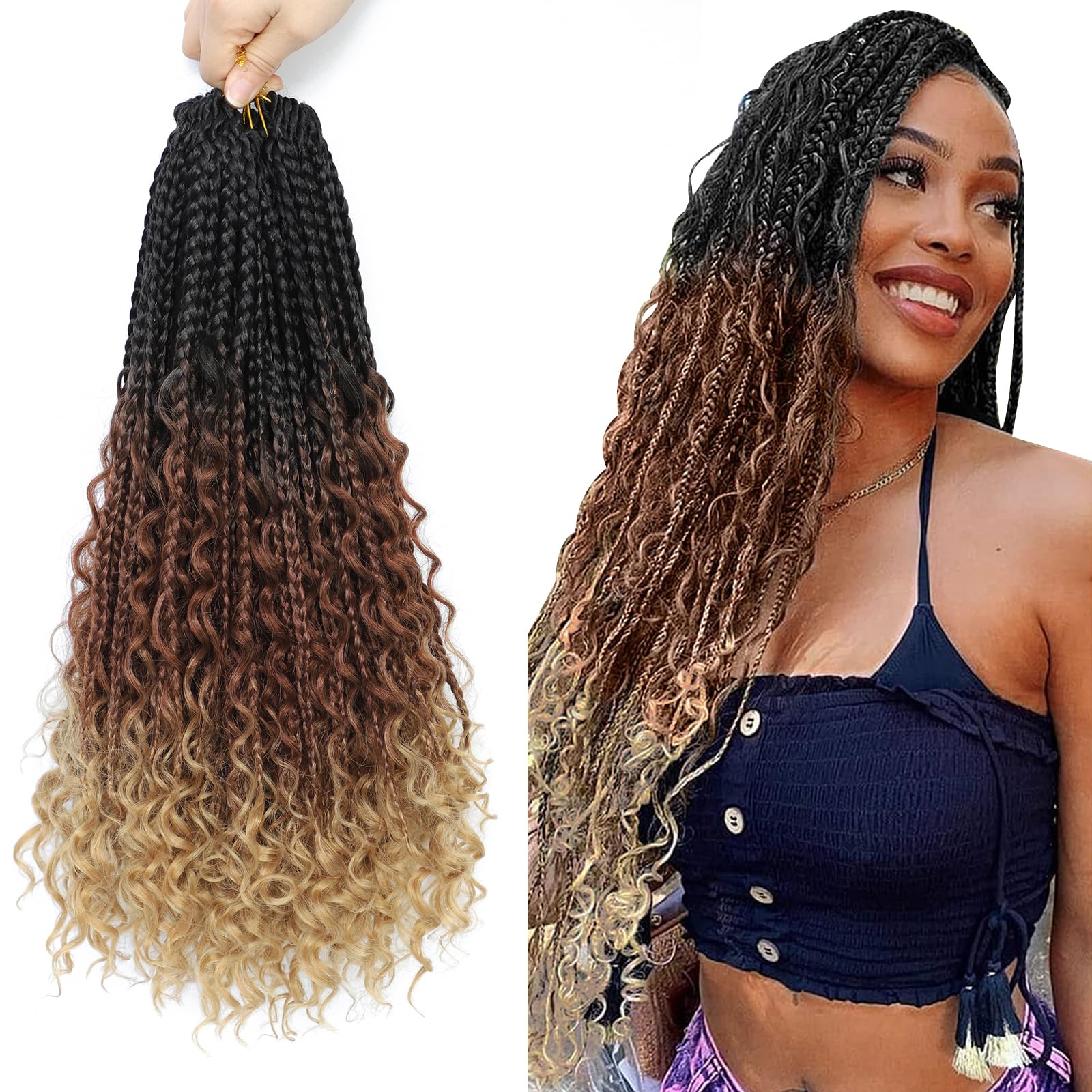 8 Packs Crochet Box Braids- 18 Inch Boho Box Braids Crochet Braids Hair Bohomian Box Braid Crochet Hair Synthetic Braiding Hair Goddess Box Braids