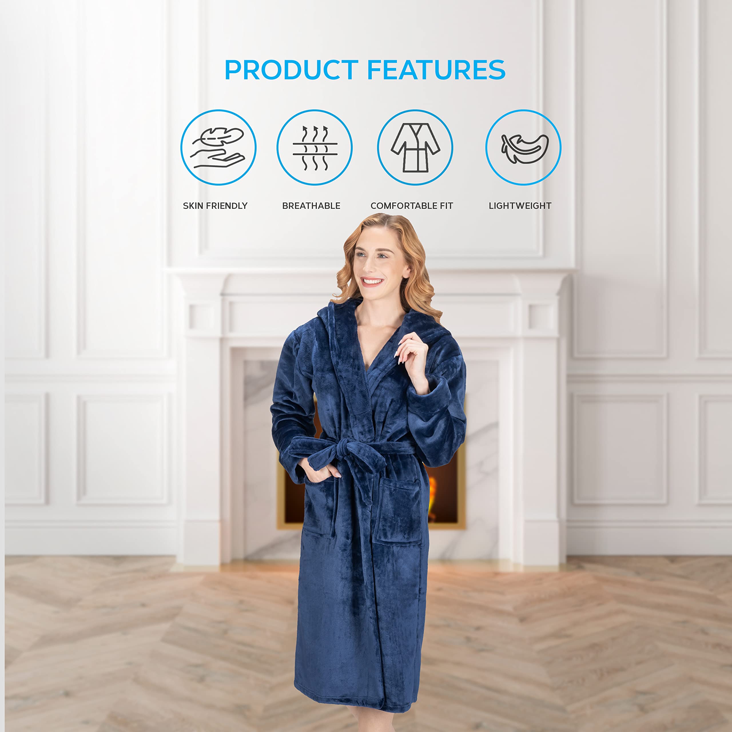 MONHOUSE Womens Dressing Gown - Premium Super Soft & Cosy Long Bathrobe - Ladies Thick Flannel Luxury Housecoat - Warm Fluffy Shearling Spa Robe for Her - Sherpa Bathrobe - Navy UK 20-22