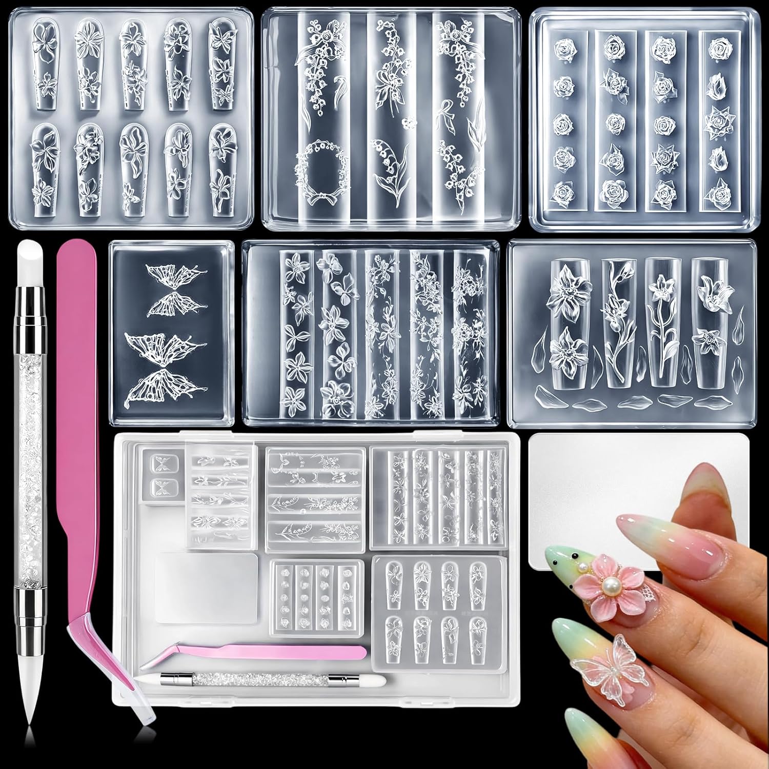 6pcs 3D Flower Silicone Nail Art Molds Kit with Tools, Reusable Clear Carving Molds for UV Gel,Resin Molds with 3D Relief Flowers & Butterfly Design for DIY Manicure at Home & Salon