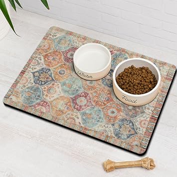 Moroccan Trellis Dog Food & Water Mat, Mexican Talavera Boho Colorful Pet Feeding Mat for Floor Non-Slip Waterproof, Super Absorbent Cat Bowl Mat, Easy to Clean Durable Pet Placemat,16" 24"