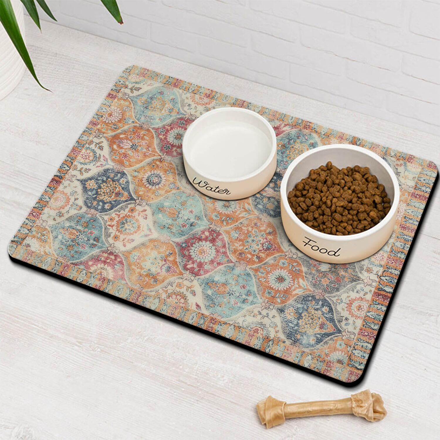 Moroccan Trellis Dog Food & Water Mat, Mexican Talavera Boho Colorful Pet Feeding Mat for Floor Non-Slip Waterproof, Super Absorbent Cat Bowl Mat, Easy to Clean Durable Pet Placemat,12" ร 20" โ image 1