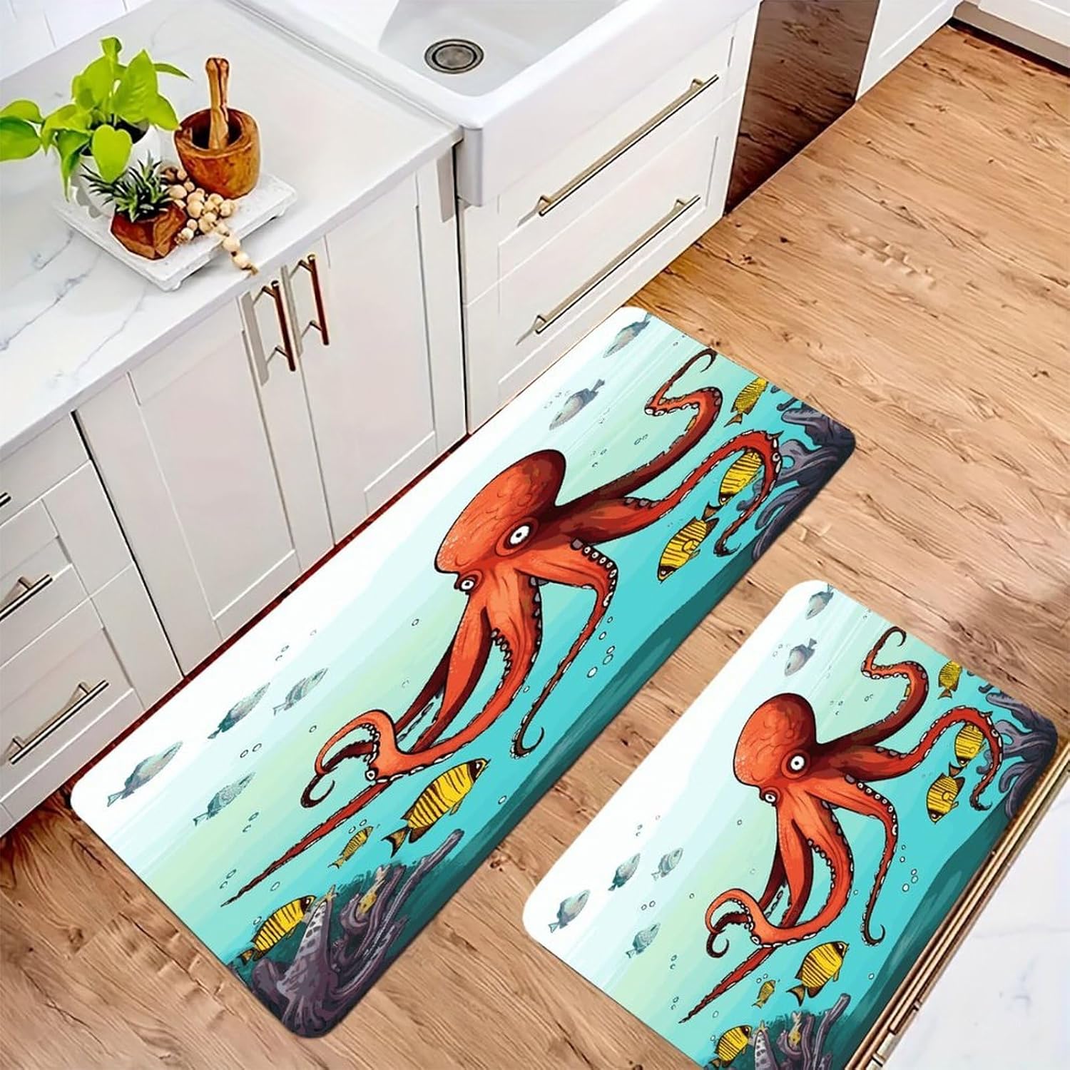 Giant Octopus Kitchen Mats with 2PCS Non-Slip Washable,Kitchen Rug Heavy Duty Durable, Floor Mats for Kitchen,Office,Sink,Laundry