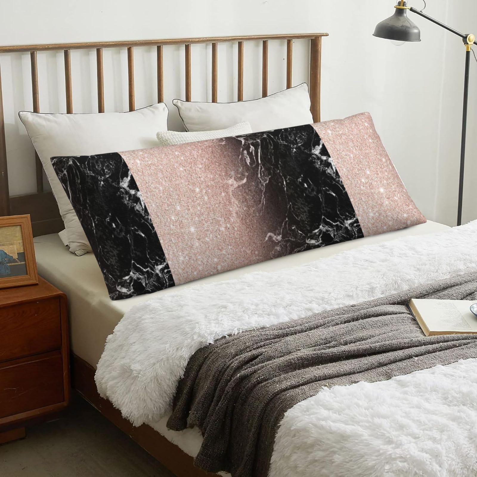Modern Rose Gold Black Marble Pink Glitter, Body Pillow Cover with Zipper,Long Body Pillowcase 20 x 60 in