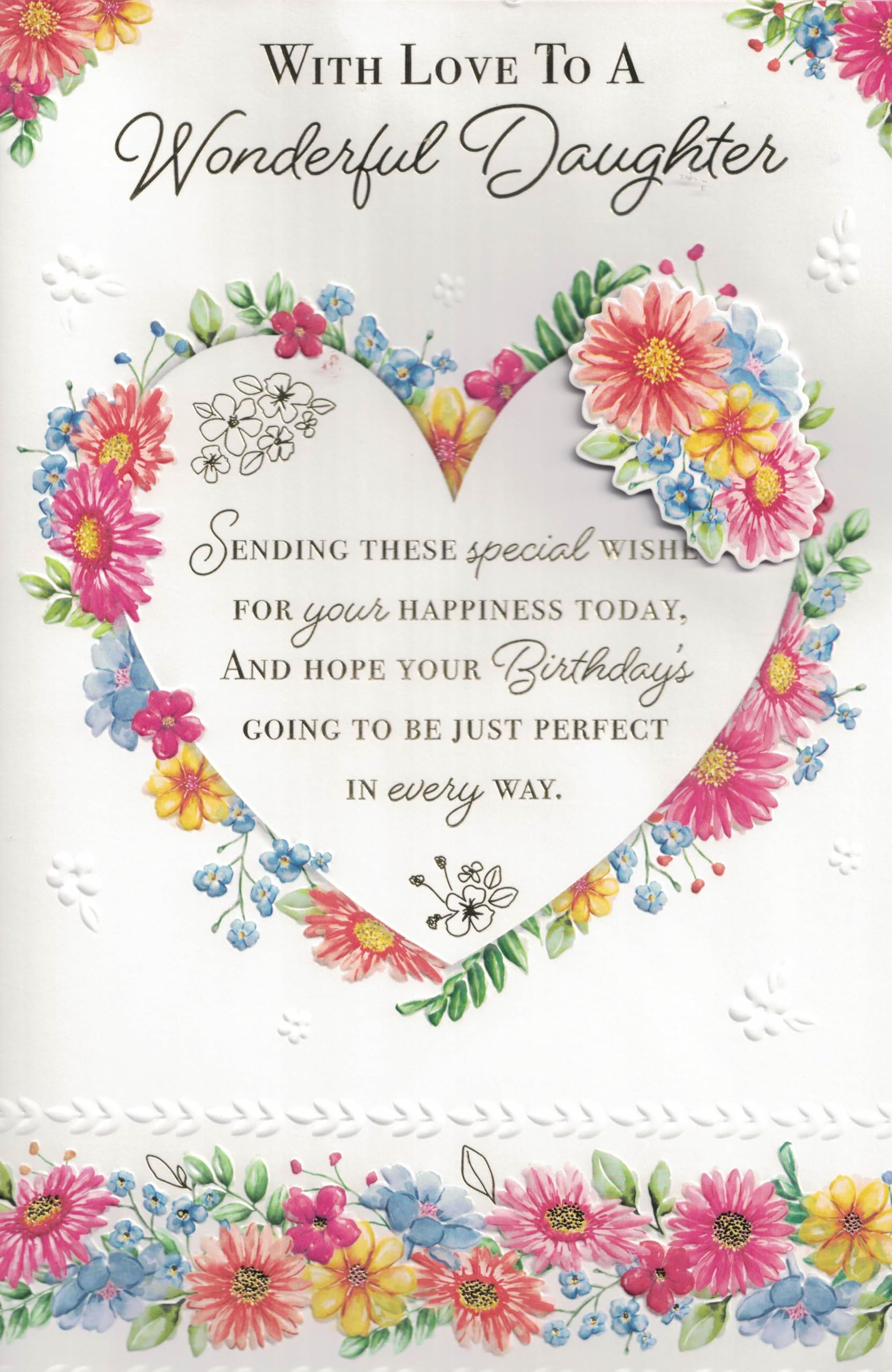 Large Daughter Birthday Card with Floral Heart Design, 8 Page Insert, 30.5 x 20.3 cm