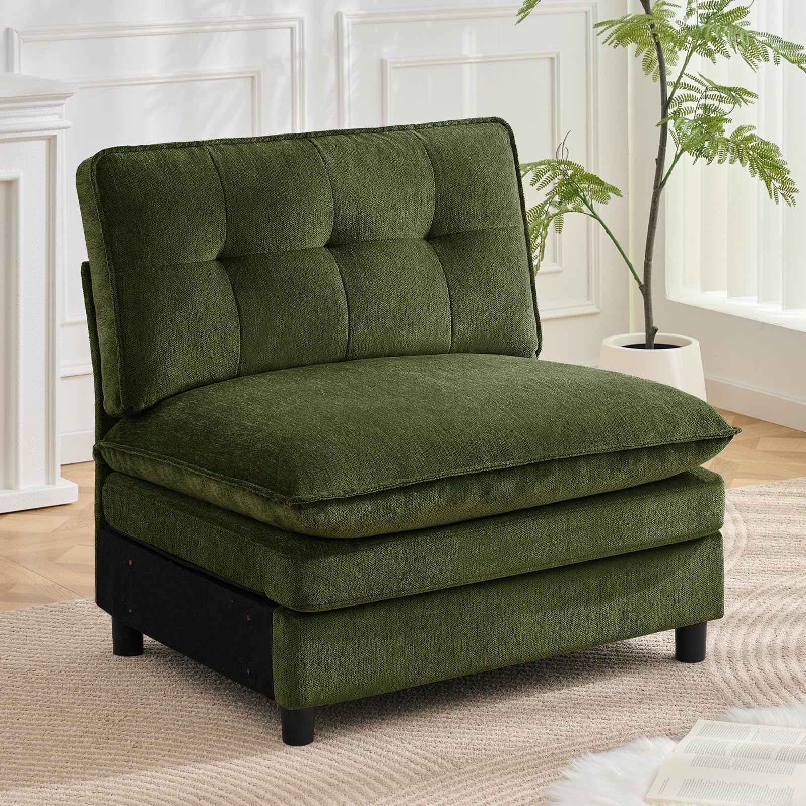 Armless Accent Chair, 33" Chenille Oversized Slipper Chair with Button Tufted Backrest, Upholstered Comfy Accent Chairs for Bedroom, Living Room, Reception Room, Green(Similar chair white color)