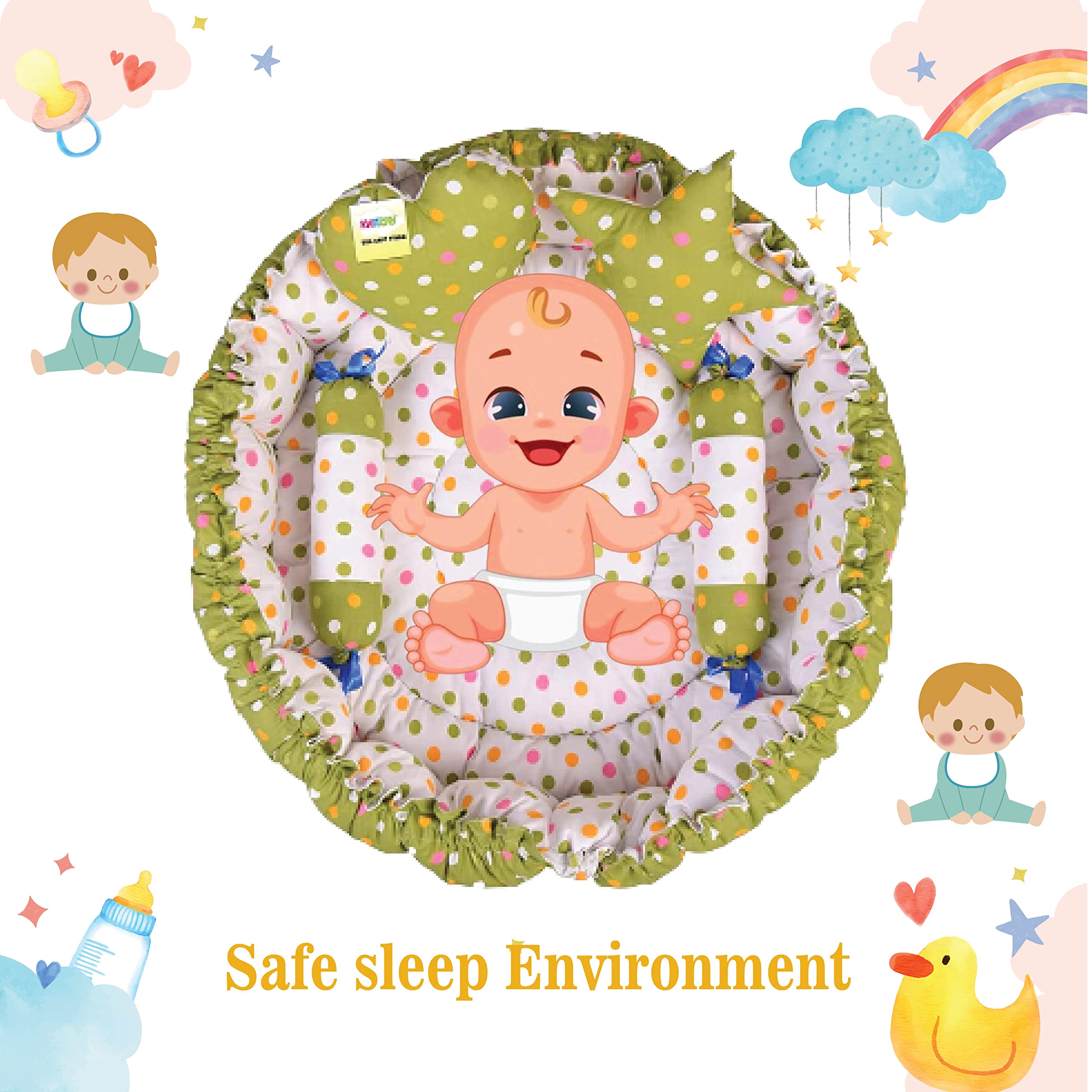 Kwitchy Baby Bed New Born Baby Reversible | Bedding Set | Carry | Cotton | Infants | Products All | Gift | Essentials (0-6 Months) (Green Mixmatch) 4
