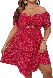 SOLY HUX Women's Plus Size Summer Dresses Off Shoulder Floral Print Short Sleeve Cut Out Tie Front A Line Short Dresses