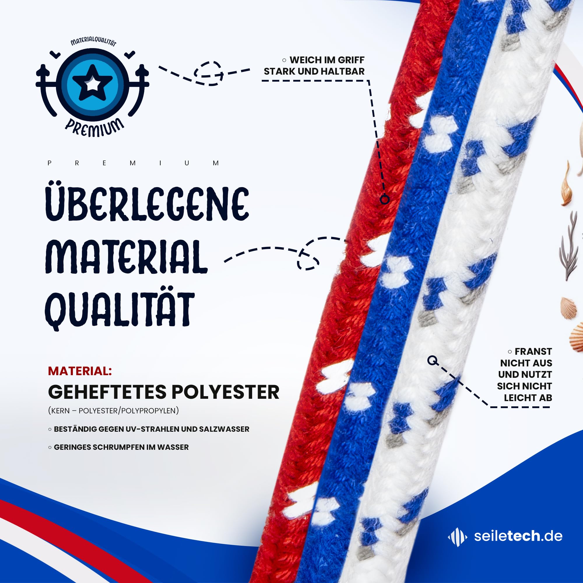 Polyesterseil – 12mm – 30m – Weiss mit blau Flecken – Schotseil – Kordel – 16-Fach geflochten – guter Griff