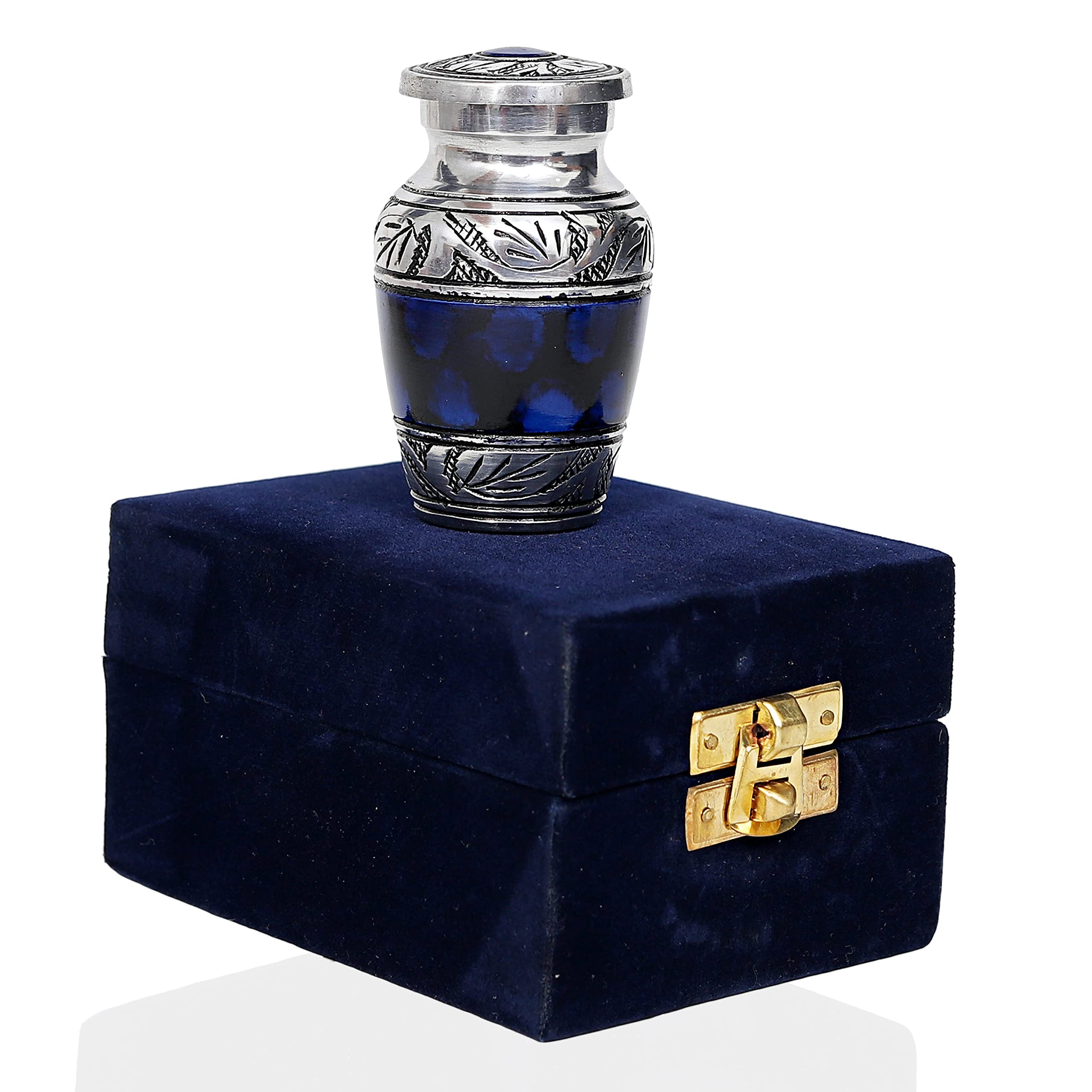 HLC Urna de Recuerdo pequeña grabada a Mano Azul – Urna de cremación con 1 Bolsa de Terciopelo de Aluminio, 3 pies cúbicos, Bonito patrón Azul, Acabado Pulido, urna Decorativa