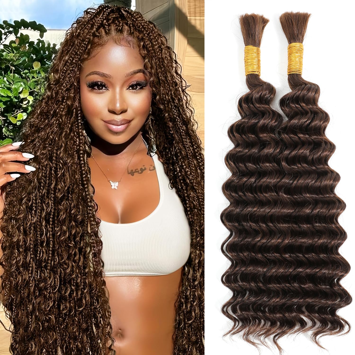 Human Braiding Hair 120g 22 Inch Deep Wave Bulk Human Hair Dark Brown 4 Wet and Wavy Human Hair Bundles for Braiding No Weft 12A Brazilian Virgin Human Hair