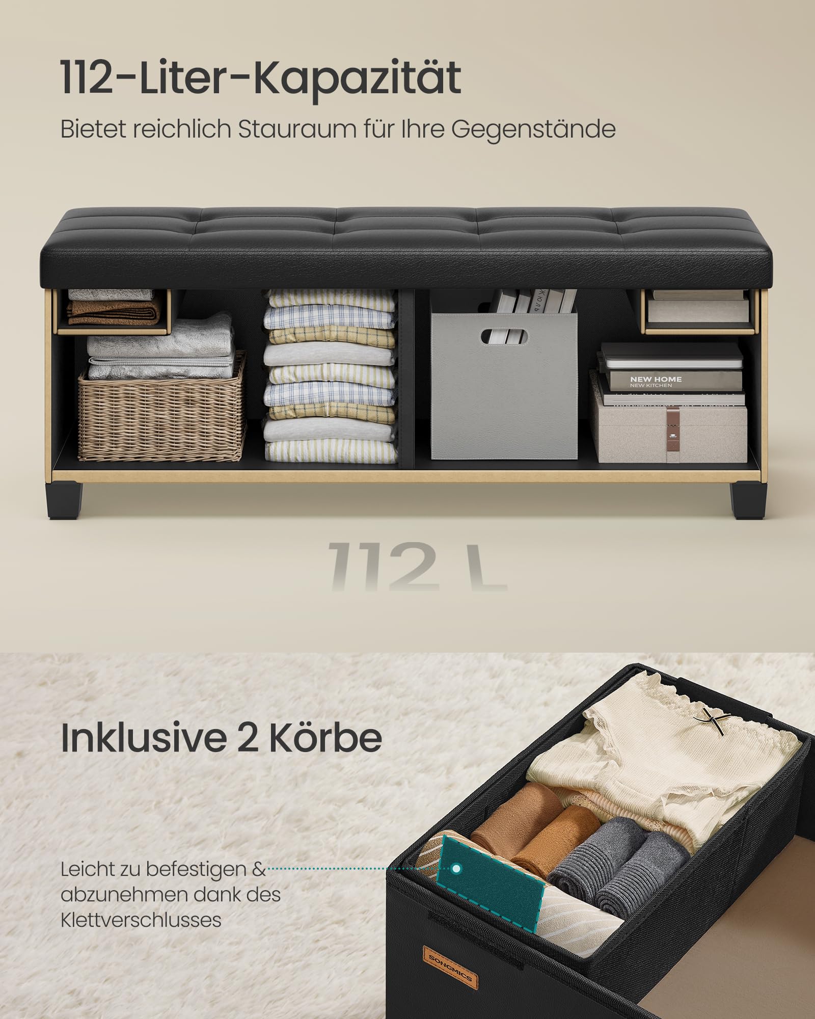 SONGMICS Sitzhocker mit Stauraum, klappbare Sitzbank mit Beinen, 38 x 110 x 40 cm Fußbank, Aufbewahrungsbox, bis 300 kg belastbar, für Wohnzimmer Schlafzimmer Flur, Schwarz LSF0514B02