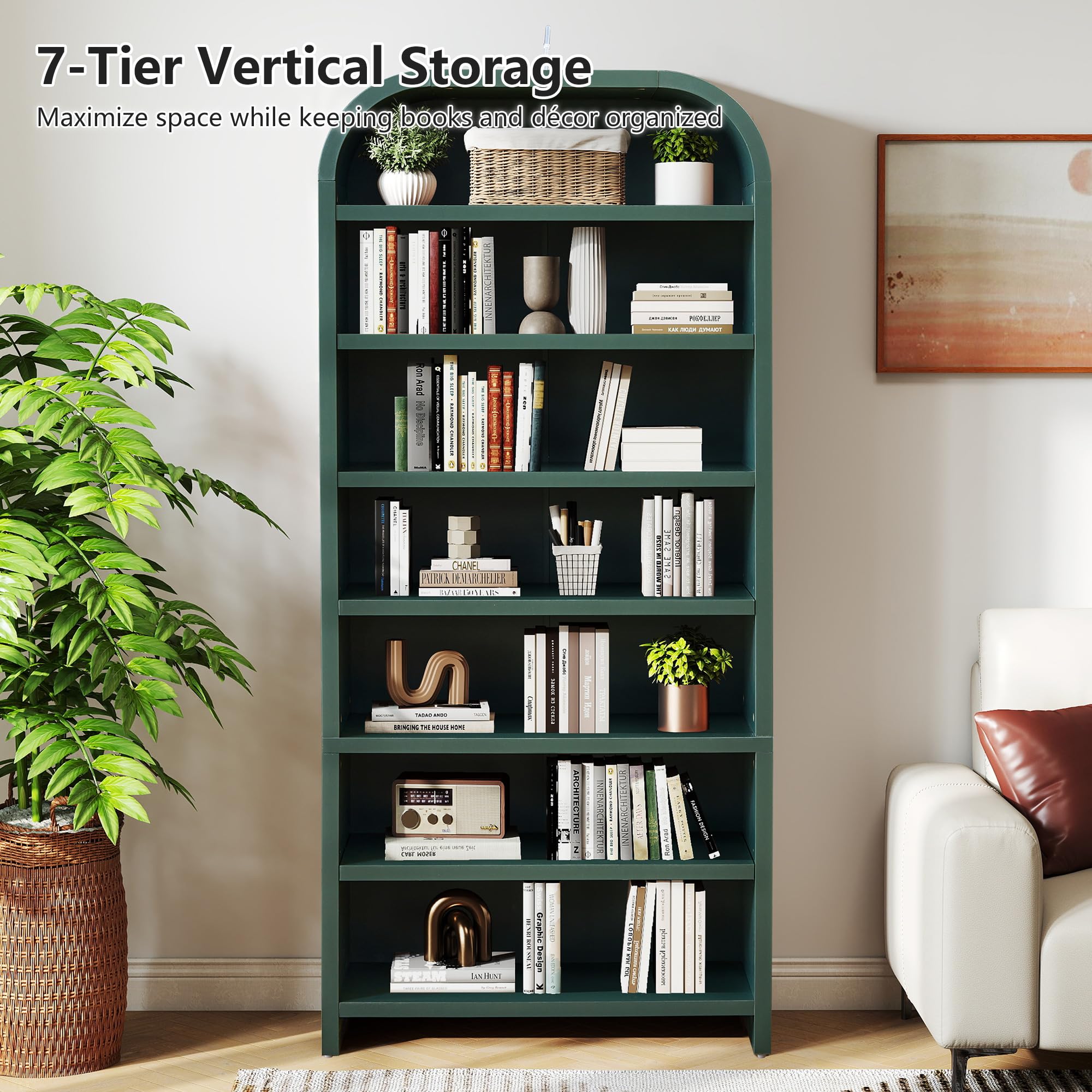 LEVNARY 70' Tall Arched Bookcase, 7-Tier Freestanding Storage Cabinet with Adjus — product photo