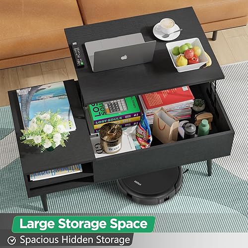 Miniatura 4 de PayLessHere Mesa auxiliar elevable de 39 pulgadas con almacenamiento ajustable y compartimento oculto, mesa de centro pequeña de madera para el