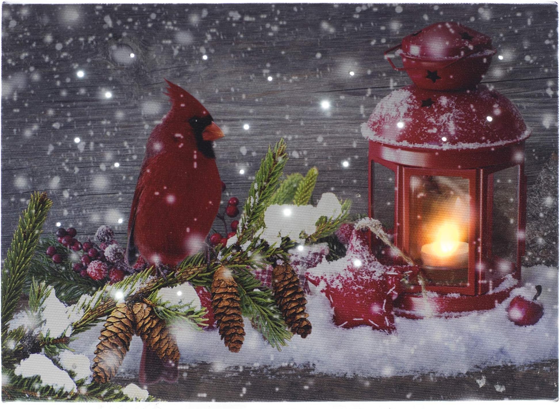 Oak Street Wholesale Christmas Winter Scenes LED Art 8"x6" Tabletop Canvas Light up Picture 6 Hour Timer (8"x6", Cardinal With Red Lantern OSW187955)