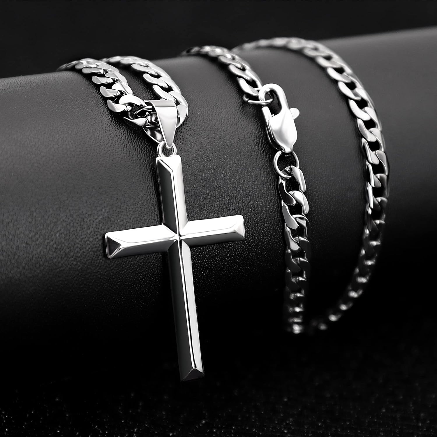 925 Sterling Silver Cross Necklace for Men Women with Stainless Steel Durable Cuban Link Chain Polished Beveled Edge Cross Chain Pendant Necklace Jewelry 16-28 Inches - Image 4