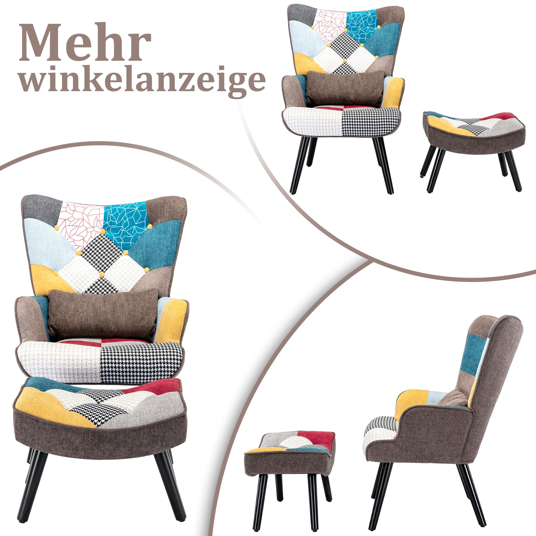 Relaxsessel mit Hocker Patchwork Sessel Holz Sessel Wohnzimmer moderner Ohrensessel mit Massivholzfüße Fernsehsessel Leinen Loungesessel Stuhl Braun