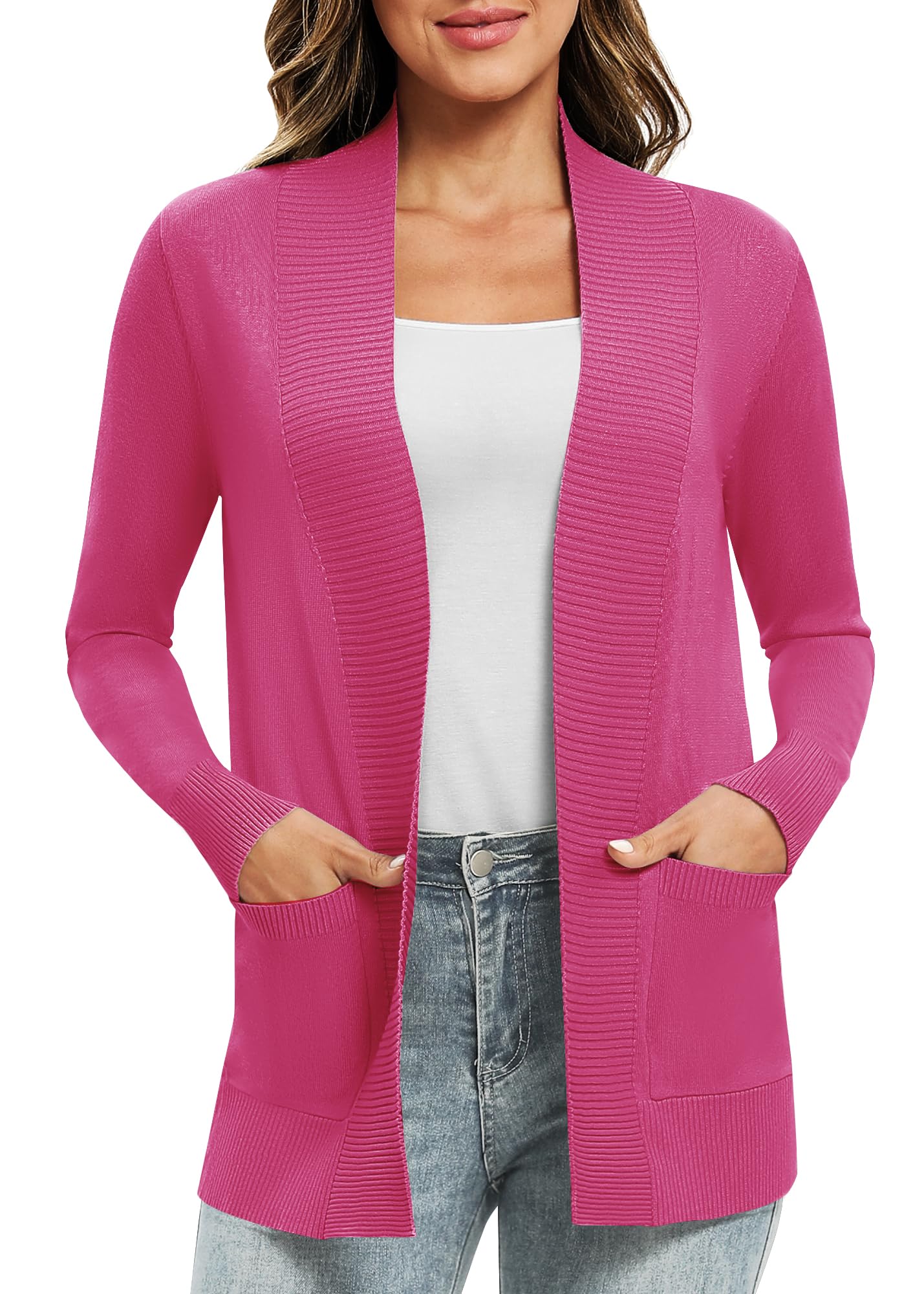 EXCHIC Femmes Décontractée Manche Longue Tricoté Cardigan Poids Léger À l'aise Avant Ouvert Manteau Chandails Longs avec Poches