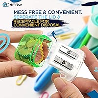 Vista 5 de Emraw Sacapuntas manual de doble agujero con tapa y receptáculo rectangular para atrapar virutas para lápices regulares y de gran tamaño en azul