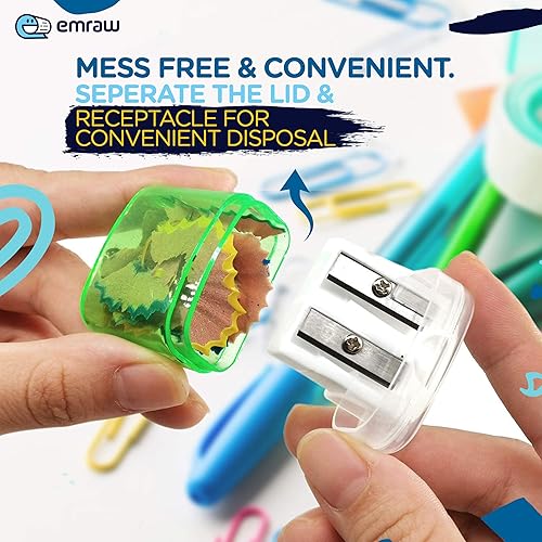 Miniatura 5 de Emraw Sacapuntas manual de doble agujero con tapa y receptáculo rectangular para atrapar virutas para lápices regulares y de gran tamaño en azul,
