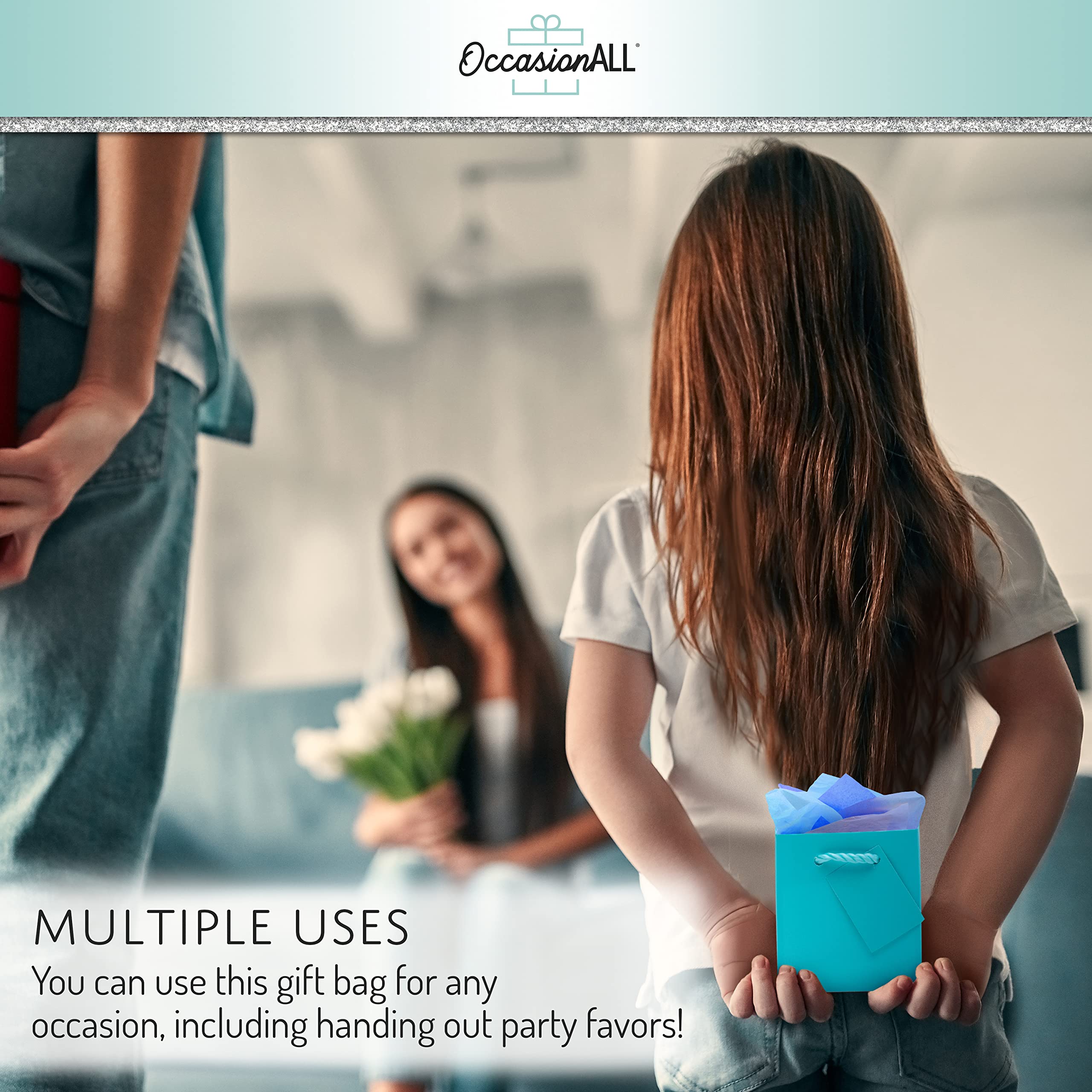 OccasionALL Teal Gift Bags with Handles, Mini Paper Gift Bags for Gift Cards, Weddings, Birthdays, Party Favors, Retail Shopping, Small Business, Events, Bulk, 4x2.75x4.5, 12 Pack