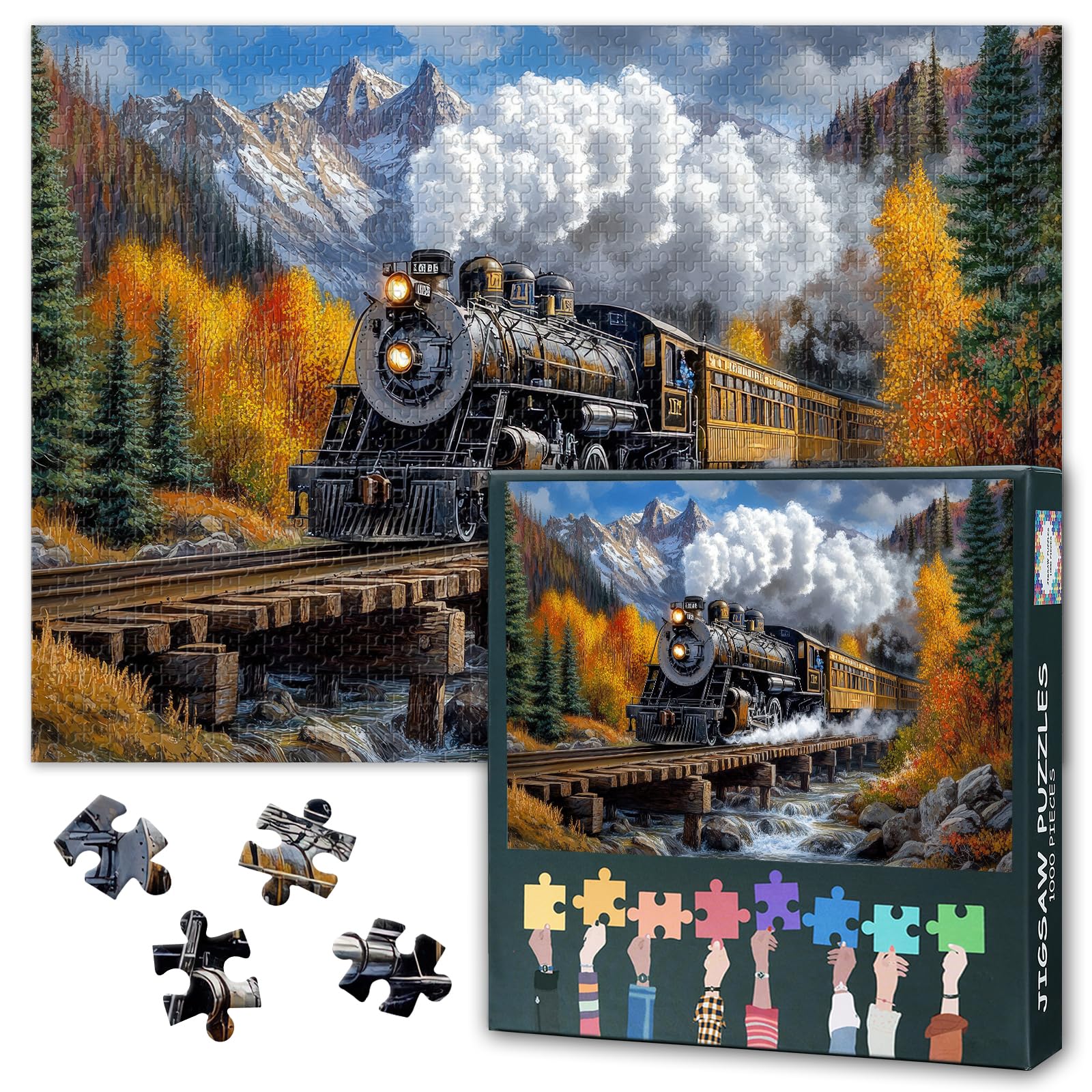 Jigsaw Puzzle 1000 Pieces for Adults Vintage Steam Locomotive Crossing Wooden Bridge Mountain Autumn Landscape Scenic Train Art Premium Paper Puzzle Relaxing Challenge 27.5 x 19.7 Inches