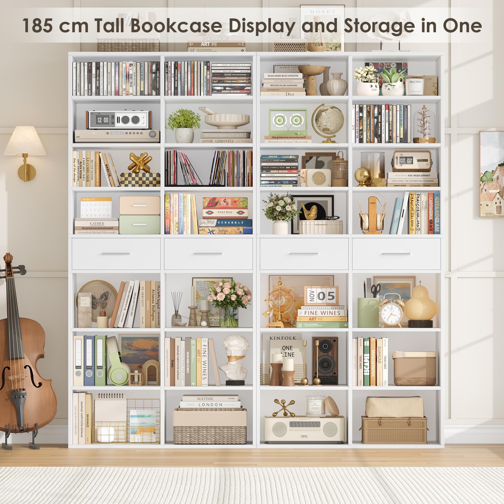 HOCSOK Bücherregal, 185,5 cm Hoch Standregal mit 2 Schubladen, 8 Ebenen | Bücherschrank Regal Offenes Aufbewahrungsregal für Arbeitszimmer, Büro, Wohnzimmer, Schlafzimmer, Weiß/Schwarz