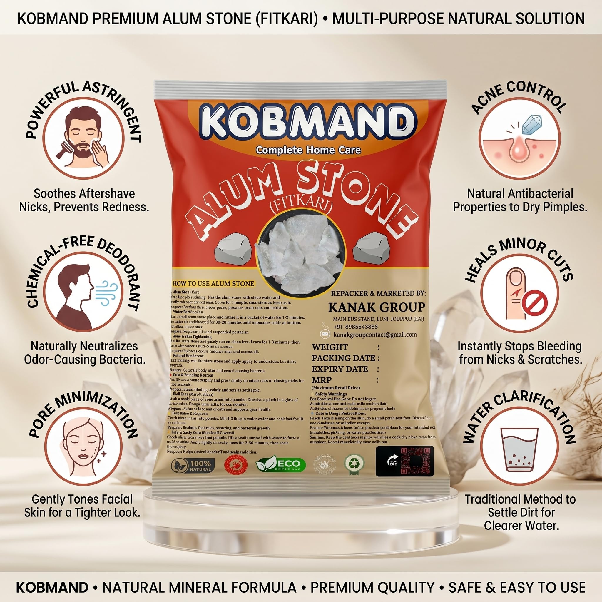 KOBMAND Alum Stone (Fitkari Bar) Shaving Burns, Underarm Odor, Skin Face, Deodorant, Vastu, Water Purification, After Shave, Plants, Mouthwash, Floor Cleaning | Phitkari Fitkiri Alam 900 gm