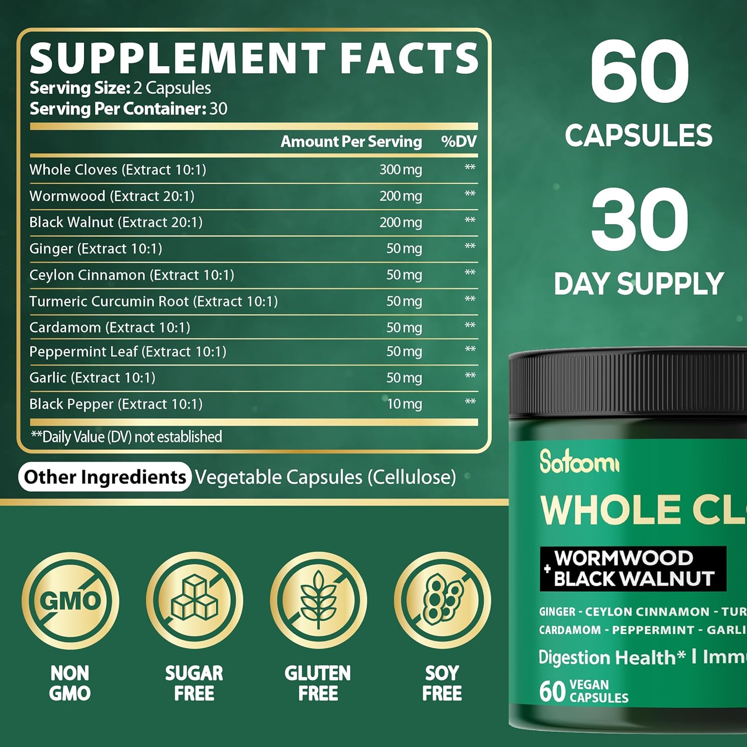 Satoomi 10in1 Clove Supplement Rich in Vitamins & Minerals for Digestive, Immune System, Bone & Heart Health with Wormwood, Black Walnut, Cinnamon, Turmeric, Ginger, Cardamom - 60 Capsules - Image 2