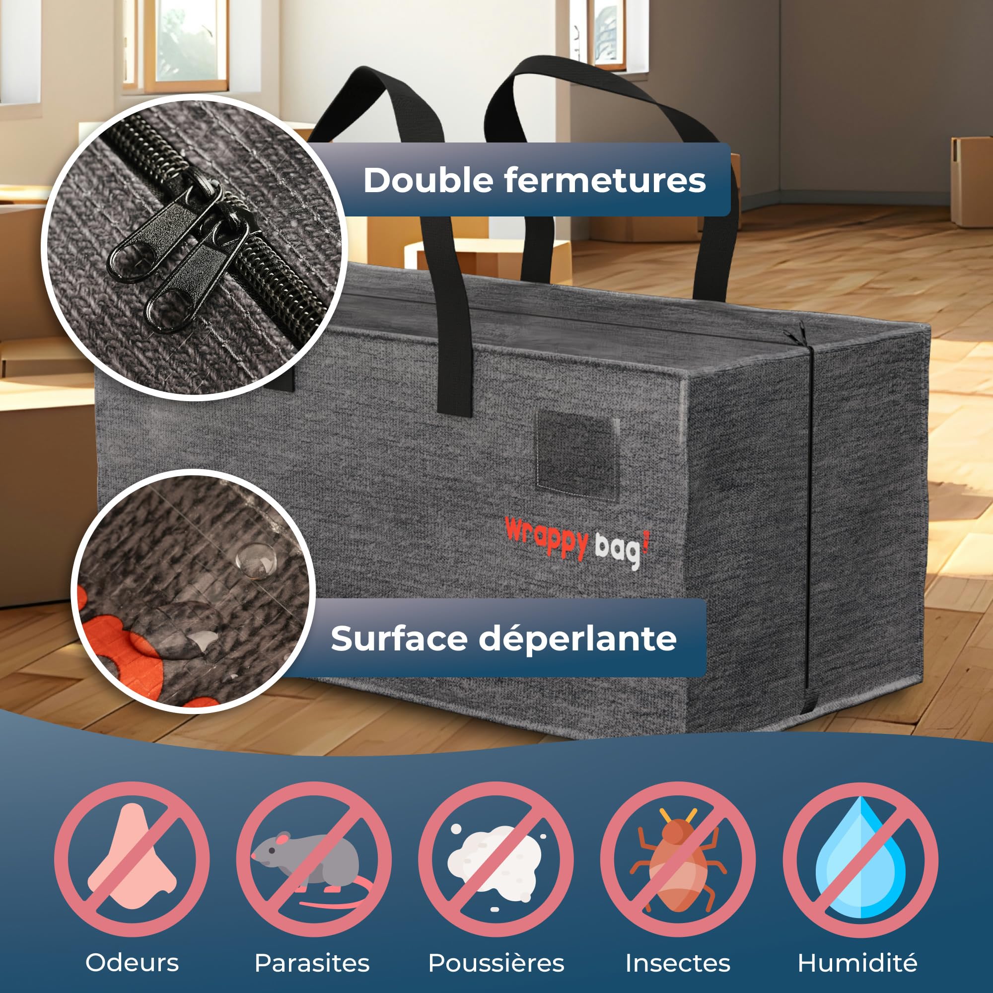 WRAPPYBAG Lot de 4 Grands Sacs à dos de Rangement Plastique – Sacs Jumbo XXL – Déménagement & Voyage – Solide, Épais & Déperlant avec Poignées Renforcées – Vêtement & Linge de Lit – 76 x 36 x 38 cm