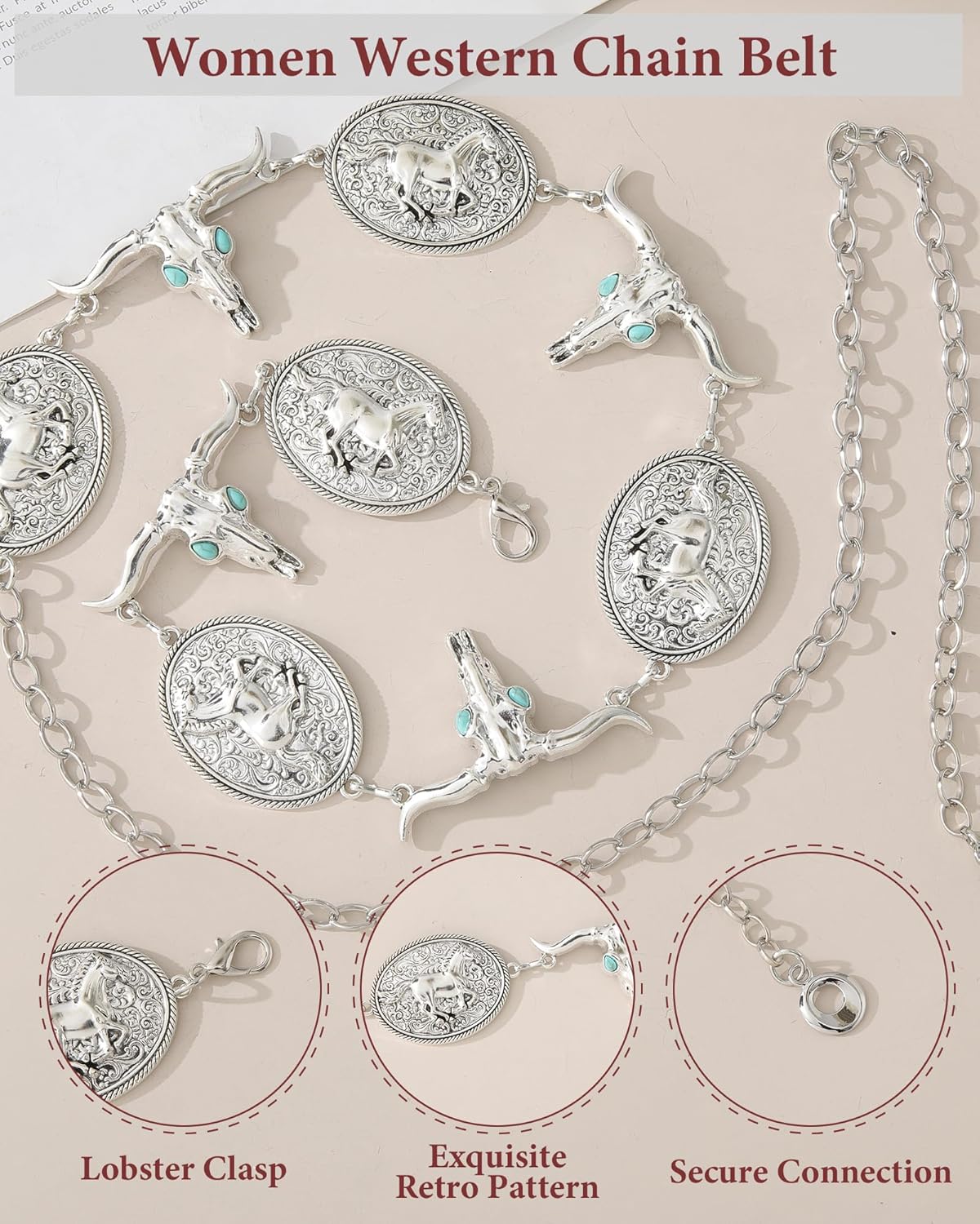 AWAYTR Western Chain Belt for Women - Vintage Metal Cowgirl Concho Waist Chain Belt for Dresses Jeans - Image 3