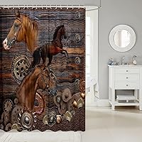 Vista 2 de Cortina de ducha de caballo 3D, juego de cortina de ducha de metal retro para niños y adultos, cortina de baño rústica con patrón de caballos