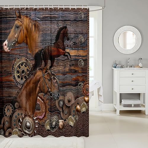 Miniatura 2 de Cortina de ducha de caballo 3D, juego de cortina de ducha de metal retro para niños y adultos, cortina de baño rústica con patrón de caballos,