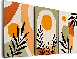 Framed Mid Century Boho Terracotta Modern Canvas Wall Art Trio Set of 3 Neutral Burnt Orange Geometric Abstract Wall Decor 3 Piece Minimalist Funky Green Wall Prints Leaves Tropical Sun Paintings for Kitchen, Living Room, Bedroom and Office, Ready to Hang (12''x16'')