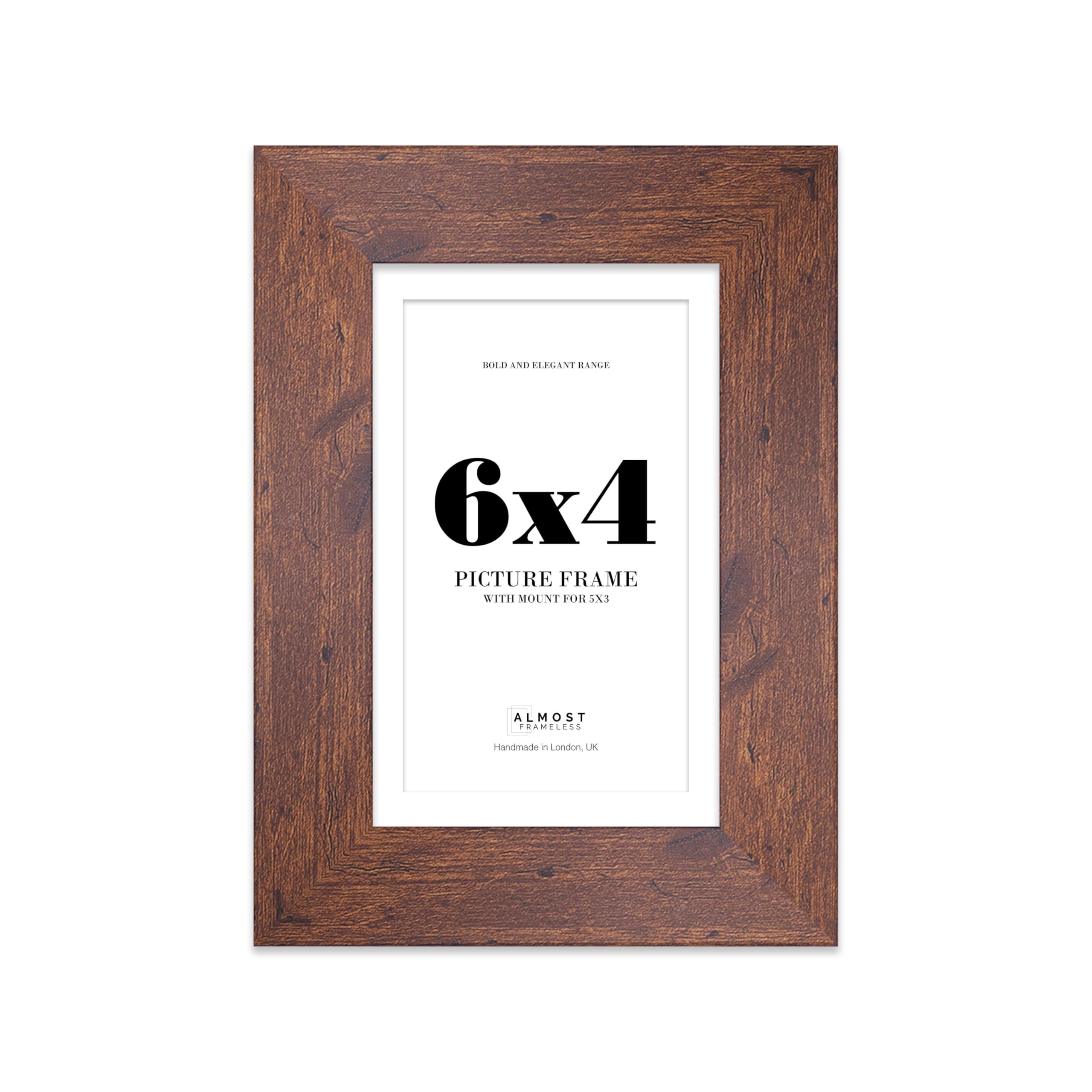 6x4 Rustic Wood Frame With Mount for 5x3 Pictures 28mm Edge Portrait and Landscape Display with Wall Hooks and Kickstand, 1 Pack