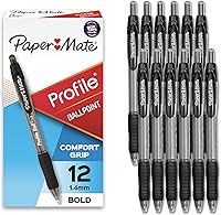 Paper Mate Profile Retractable Ballpoint Pens, Bold 1.4mm Point, Black Ink, 12 Count - Smooth Comfort Grip Writing