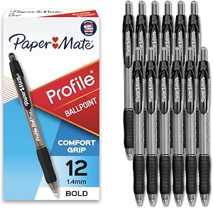 Paper Mate Profile Retractable Ballpoint Pens, Bold (1.4mm), Black, 12 Count