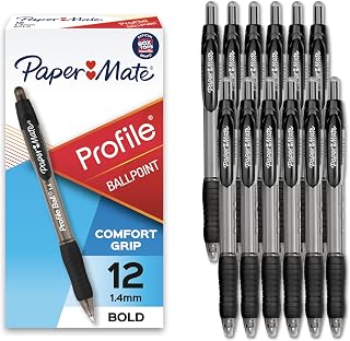 Paper Mate Profile Retractable Ballpoint Pens, Bold 1.4mm Point, Black Ink, 12 Count - Smooth Comfort Grip Writing
