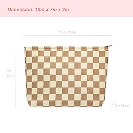 PAZIMIIK Makeup Bag Large Zipper Corduroy Make Up Pouch for Purse Travel Canvas Cosmetic Organizer for Women Brush Storage,Checkered Light Brown