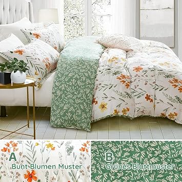 Lanqinglv Bed Linen Set 155 x 220 cm Green/White Leaves Floral Pattern Plants Reversible Colorful Microfibre Renforce Duvet Cover with Zip Pillowcase 80 x 80 cm