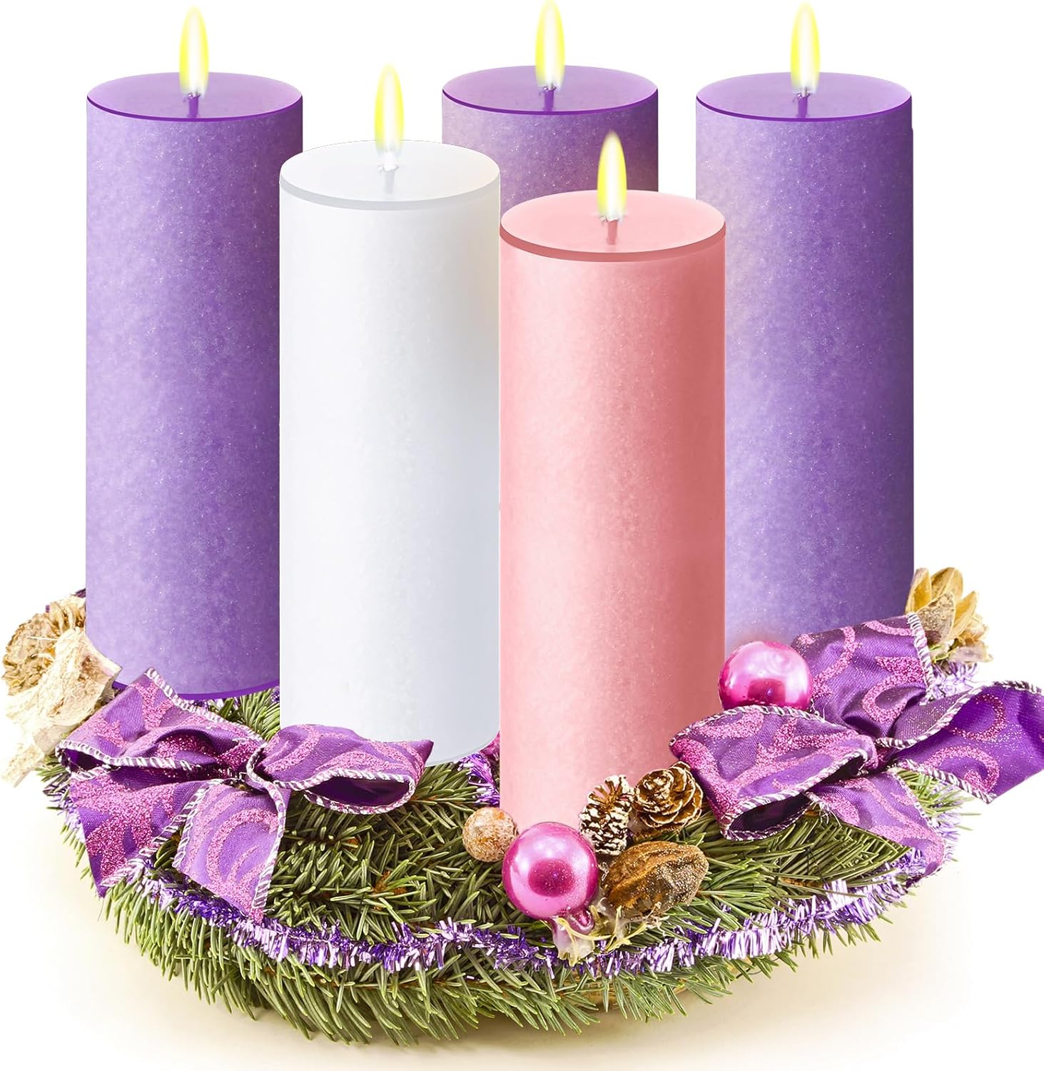 Cindeer 3 x 8 Inch Advent Candles Set of 5 for Advent Wreaths Candle Holder Votive Purple Pink Christmas Pillar Scented Candles for Seasonal Celebration Home Church