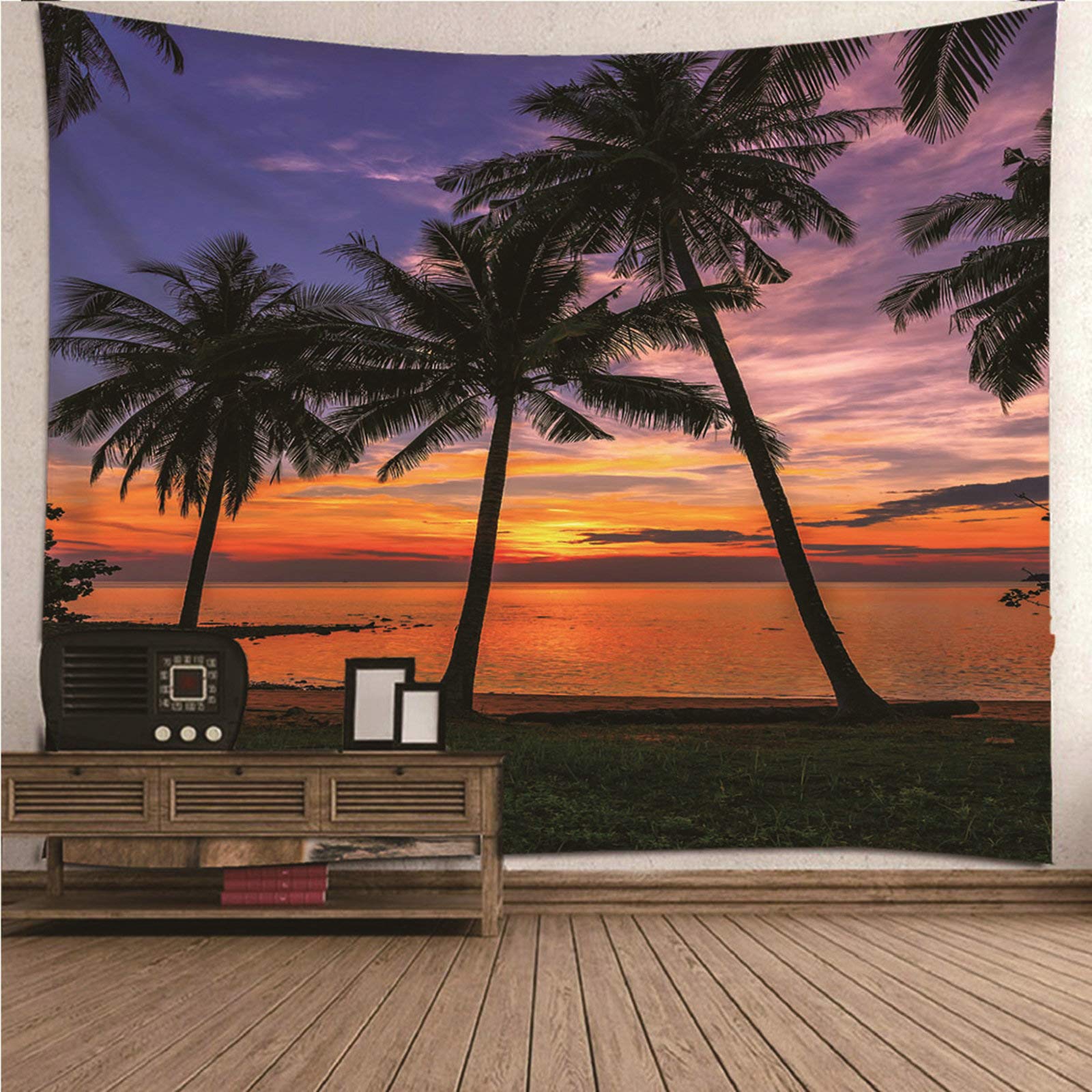 Tapiz de pared textil con diseño de puesta de sol y palmeras para el hogar